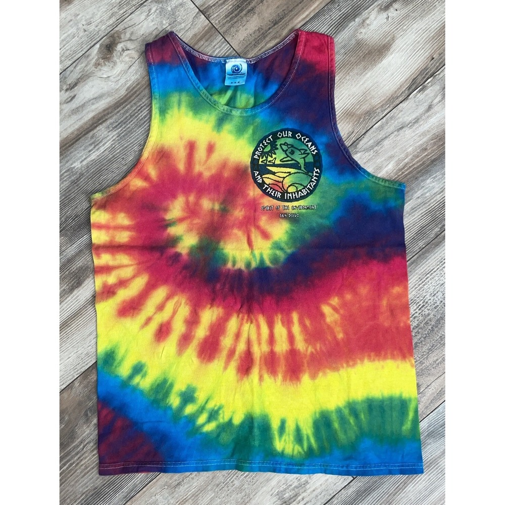 VTG Tie Dye Protect Our Oceans San Diego Tank Top SZ M Sea Life PETA